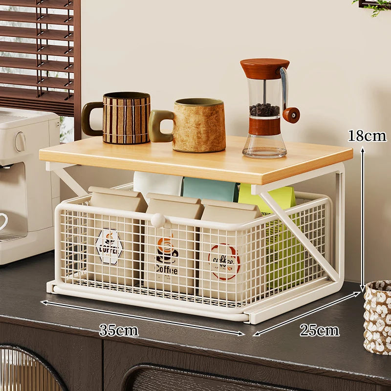 Coffee Station Organizer Wooden Top Metal Mesh Basket
