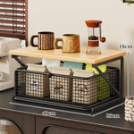 Coffee Station Organizer Wooden Top Metal Mesh Basket
