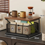 Coffee Station Organizer Wooden Top Metal Mesh Basket