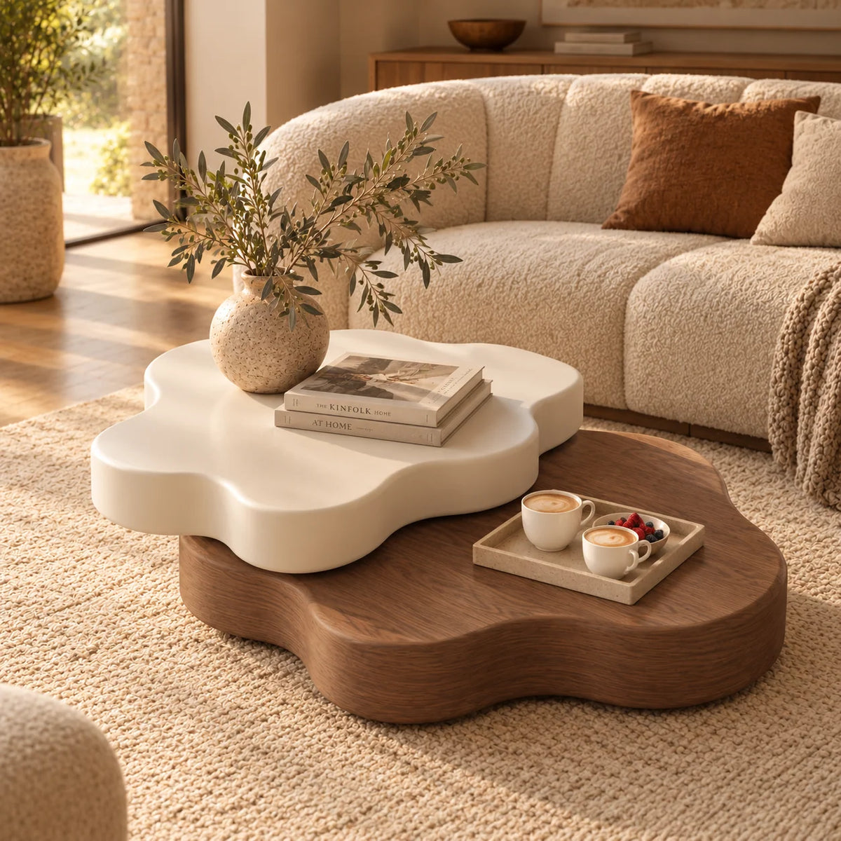 Coffee Table Flower-Shaped Rotating Extendable Top Built-In Shelf