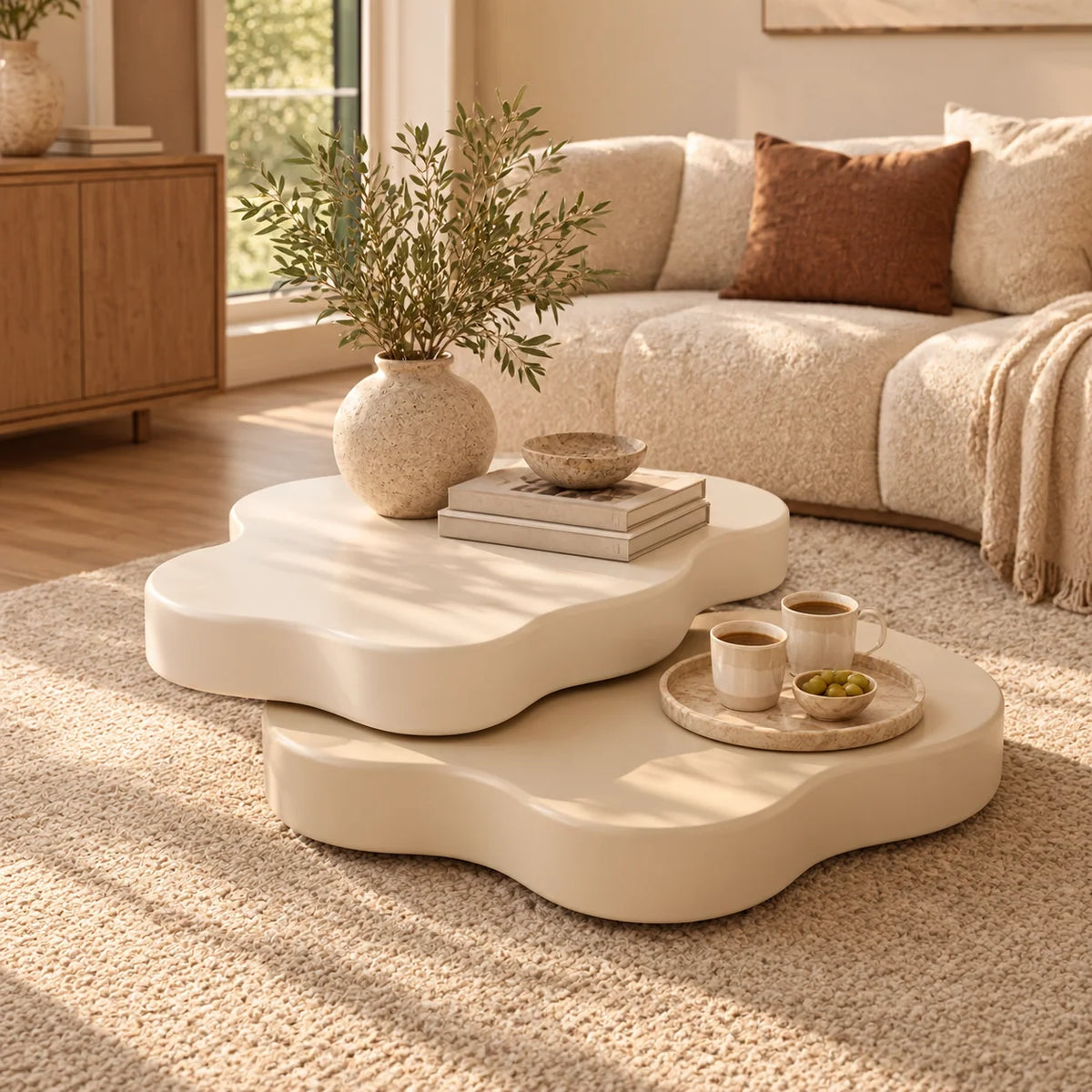 Coffee Table Flower-Shaped Rotating Extendable Top Built-In Shelf