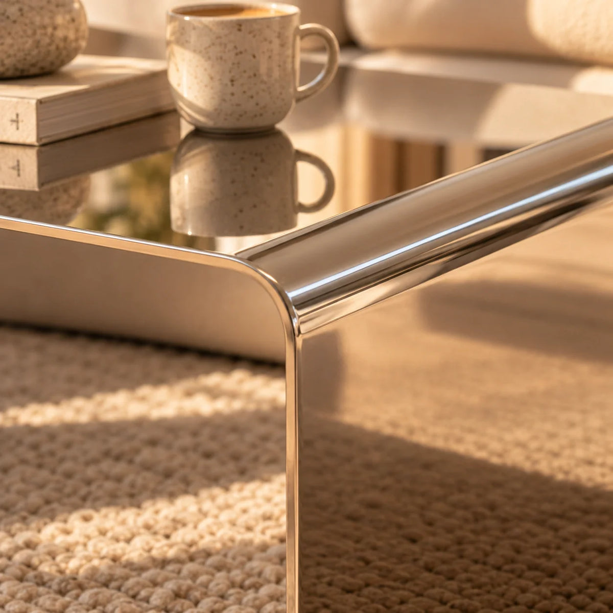 Coffee Table Polished Stainless Steel Waterfall Design 550 lb Capacity