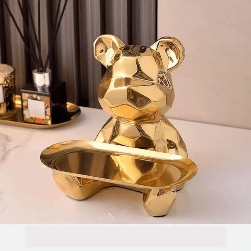 Coin Bank & Trinket Tray Ceramic Bear Design With Metal Tray