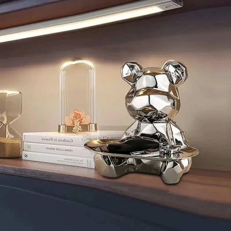 Coin Bank & Trinket Tray Ceramic Bear Design With Metal Tray