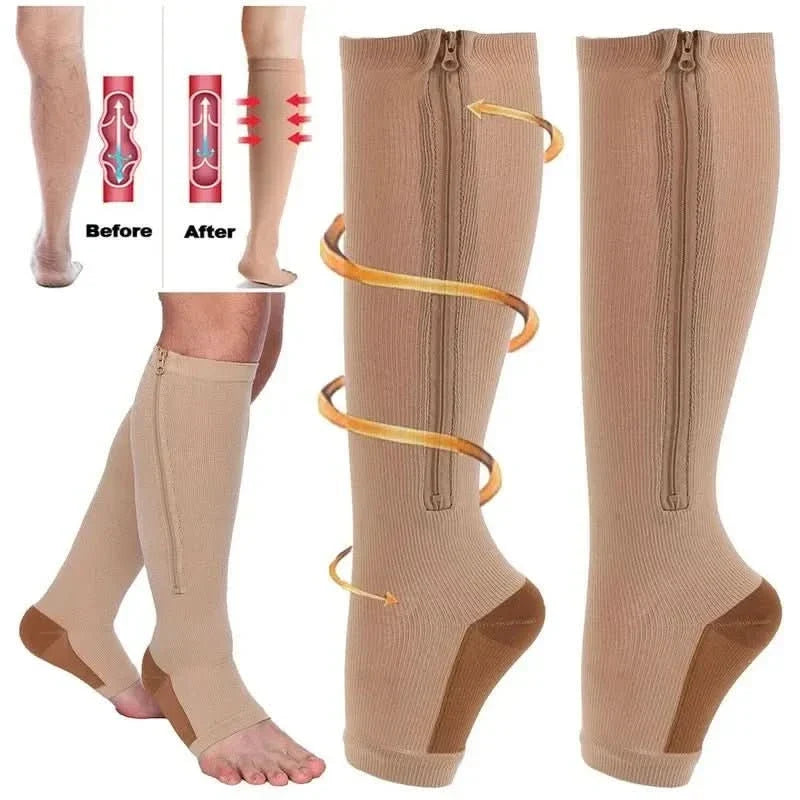 Compression Socks Graduated 20–30 mmHg Zippered Knee-High Open-Toe