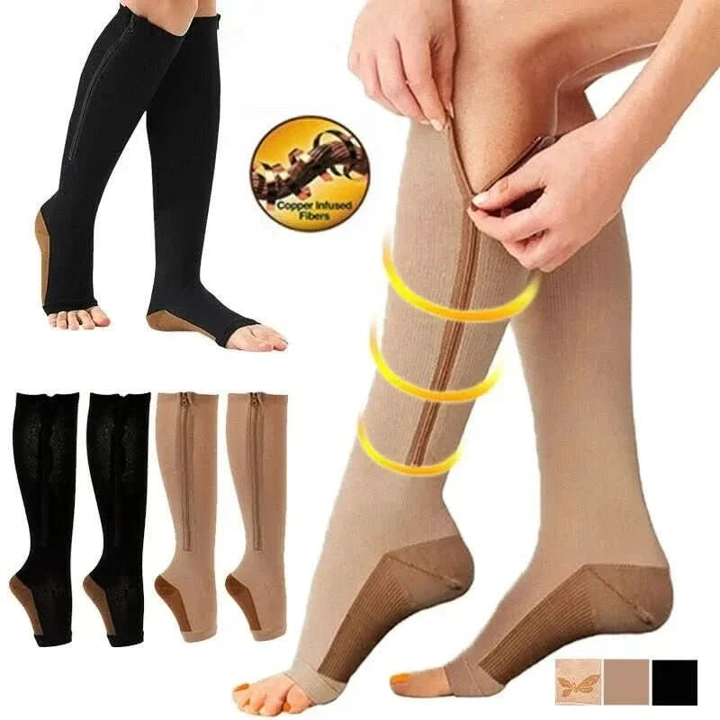 Compression Socks Zip-Up Graduated 20–30 mmHg Open-Toe Style