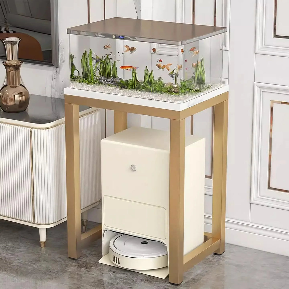 Console Table Marble-Effect Top Robot Vacuum Dock Storage