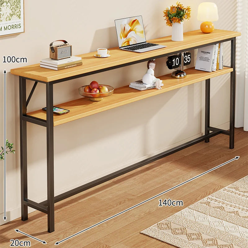 Console Table Slim Profile Oak-Look Top Metal Frame