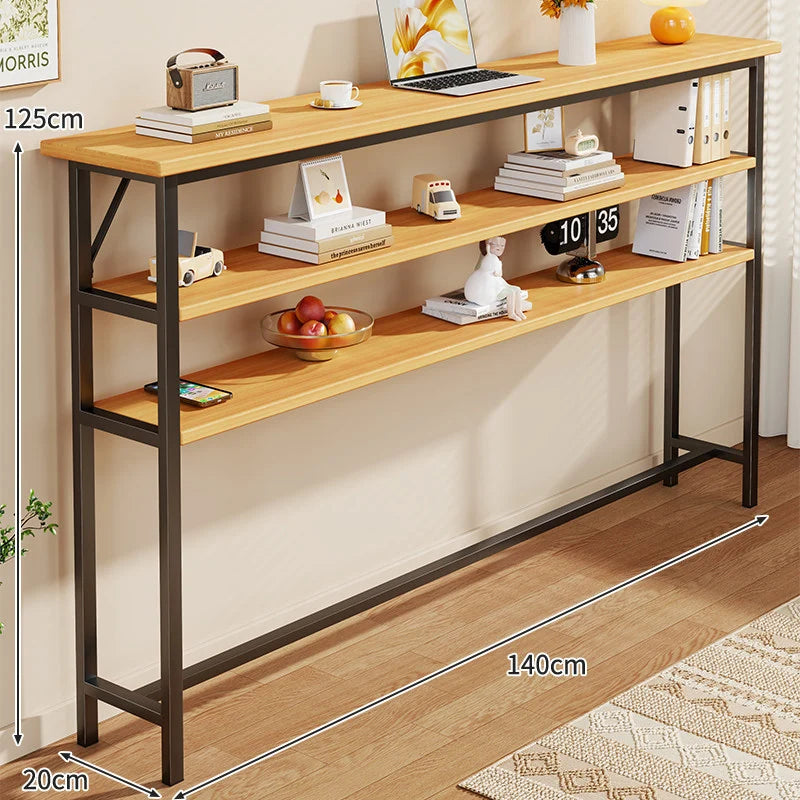 Console Table Slim Profile Oak-Look Top Metal Frame