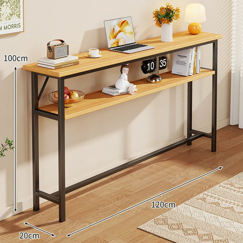 Console Table Slim Profile Oak-Look Top Metal Frame