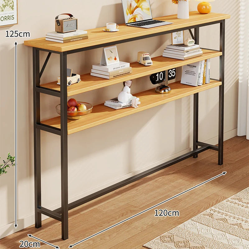 Console Table Slim Profile Oak-Look Top Metal Frame