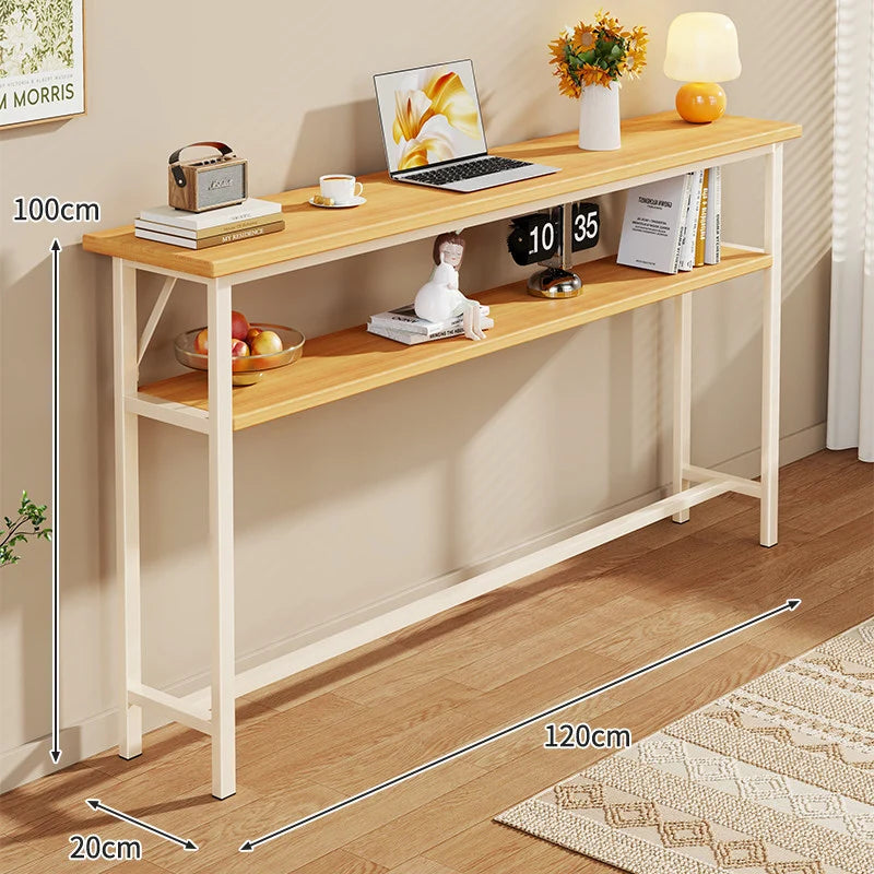 Console Table Slim Profile Oak-Look Top Metal Frame