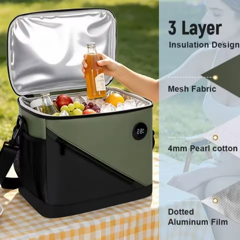Cooler Tote Three-Layer Insulation Digital Temperature Display Adjustable Shoulder Strap