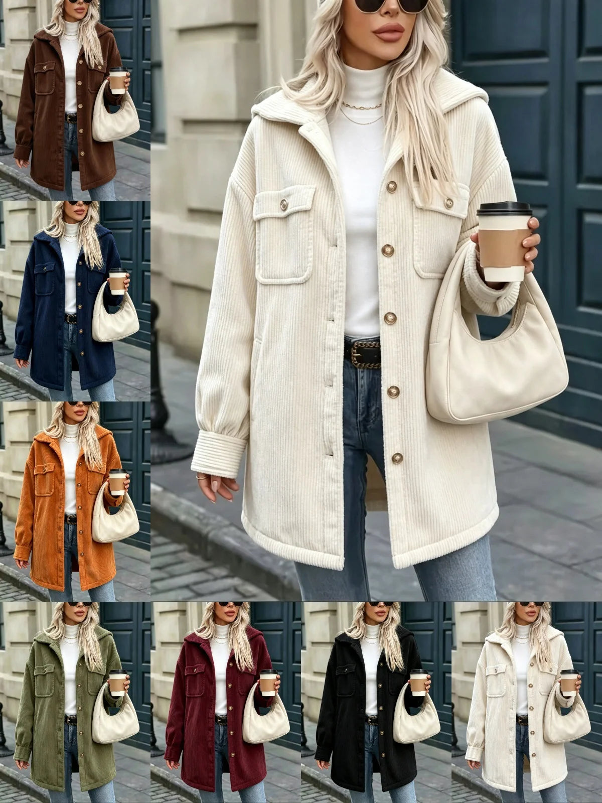 Corduroy Jacket Cotton Blend Hooded Oversized Fit Four Pockets