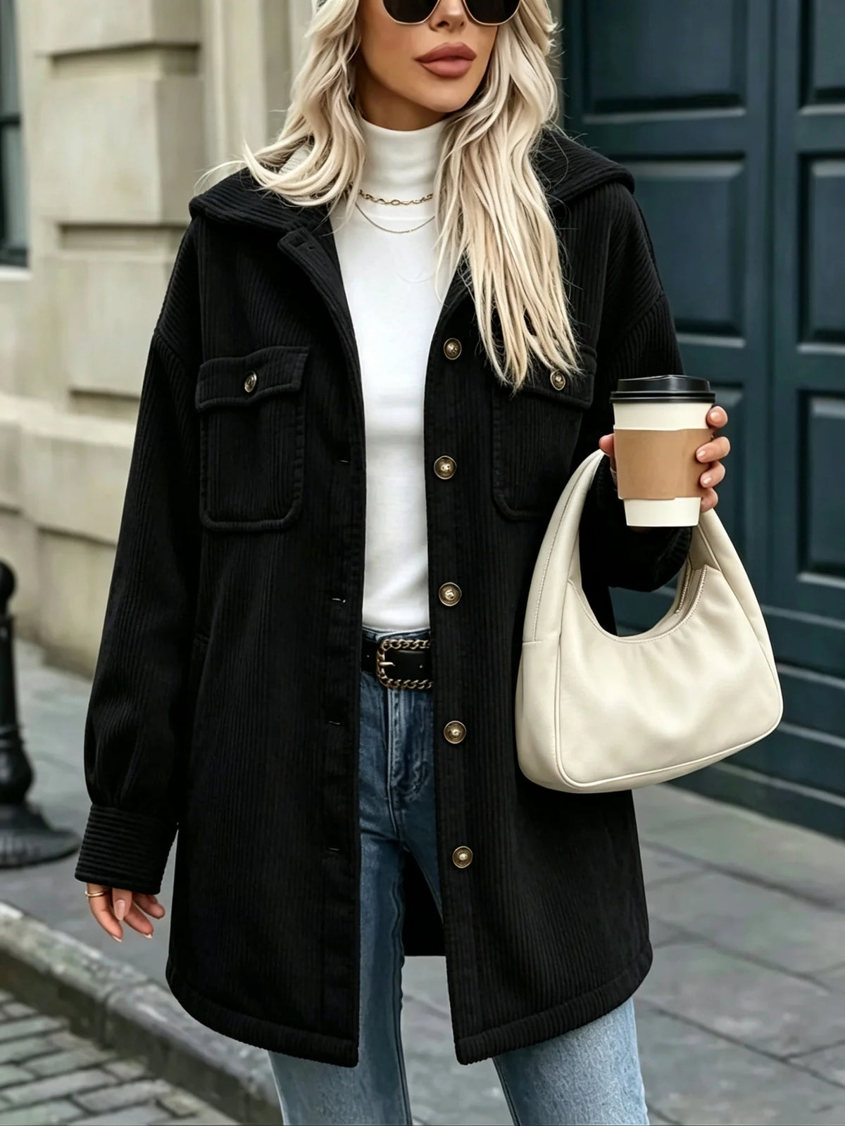 Corduroy Jacket Cotton Blend Hooded Oversized Fit Four Pockets