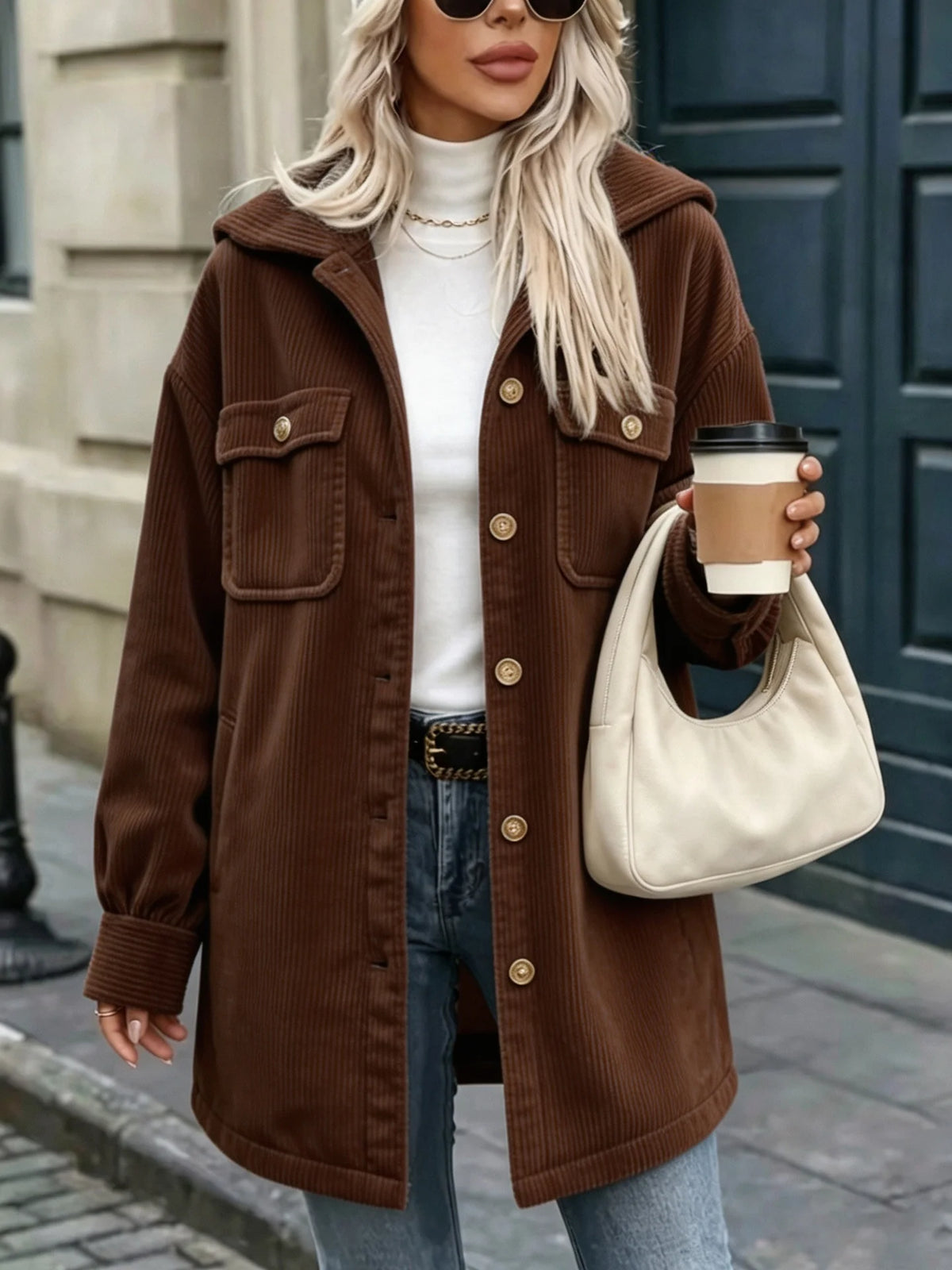 Corduroy Jacket Cotton Blend Hooded Oversized Fit Four Pockets
