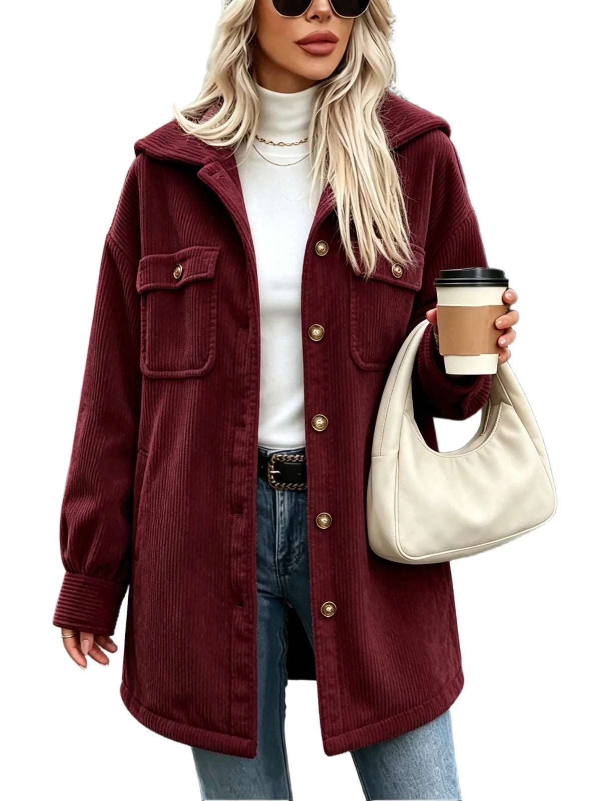 Corduroy Jacket Cotton Blend Hooded Oversized Fit Four Pockets
