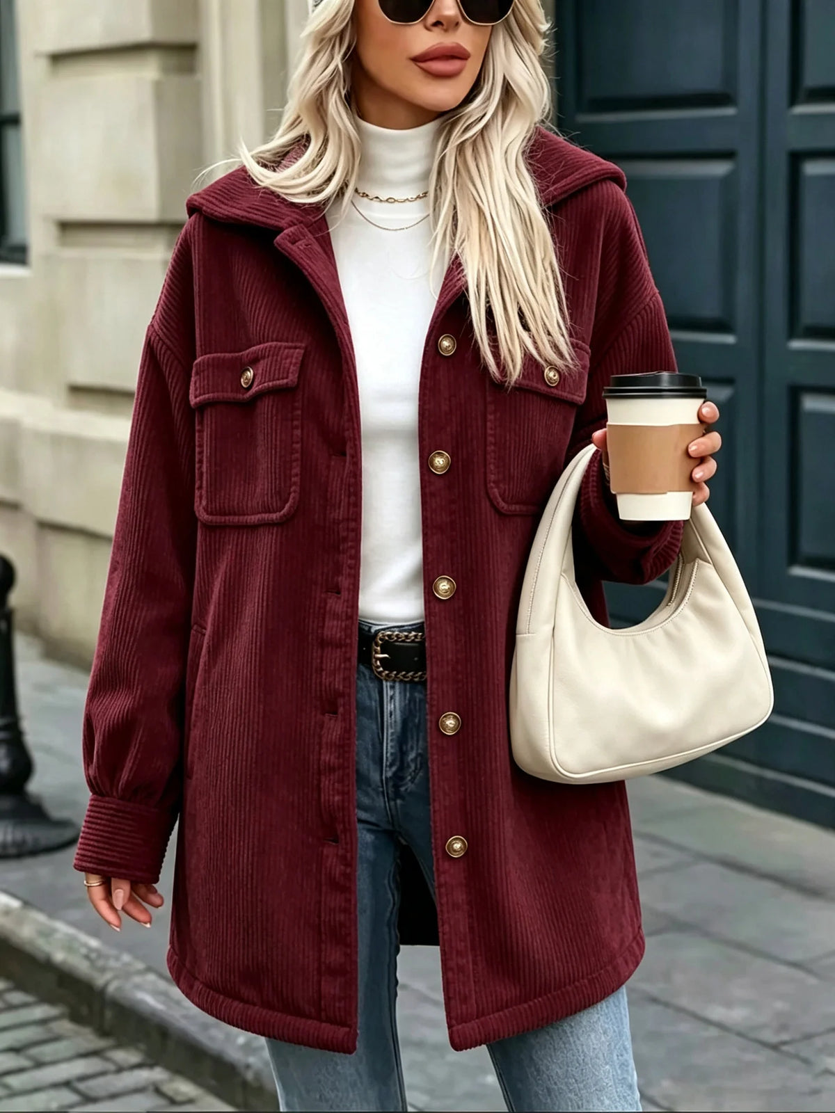 Corduroy Jacket Cotton Blend Hooded Oversized Fit Four Pockets