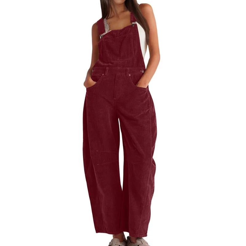 Corduroy Overalls Wide-Leg Adjustable Straps Side Pockets