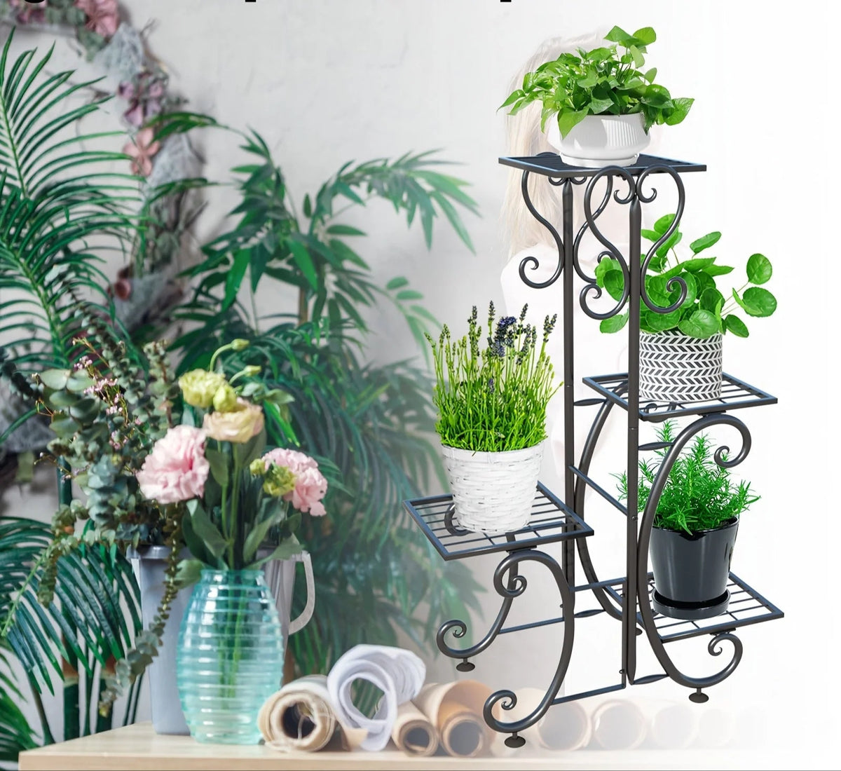 Corner Plant Stand 4-Tier Rust-Resistant Wrought Iron