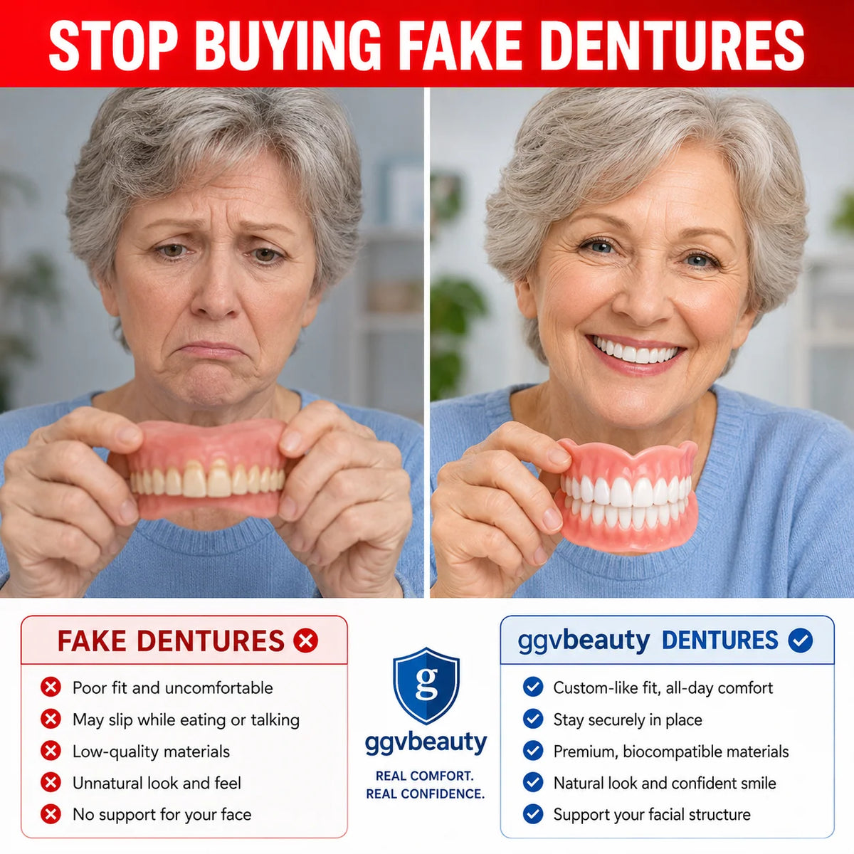 Cosmetic Denture Set Upper & Lower Adjustable Fit