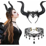 Costume Accessory Set Feathered Horn Headband & Lace Choker