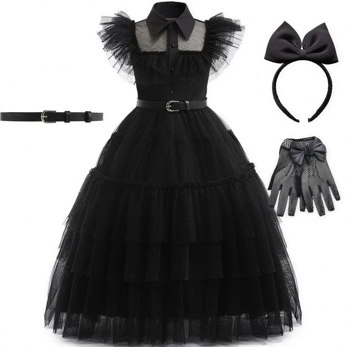 Costume Dress Black Gothic Layered Tulle White Collar