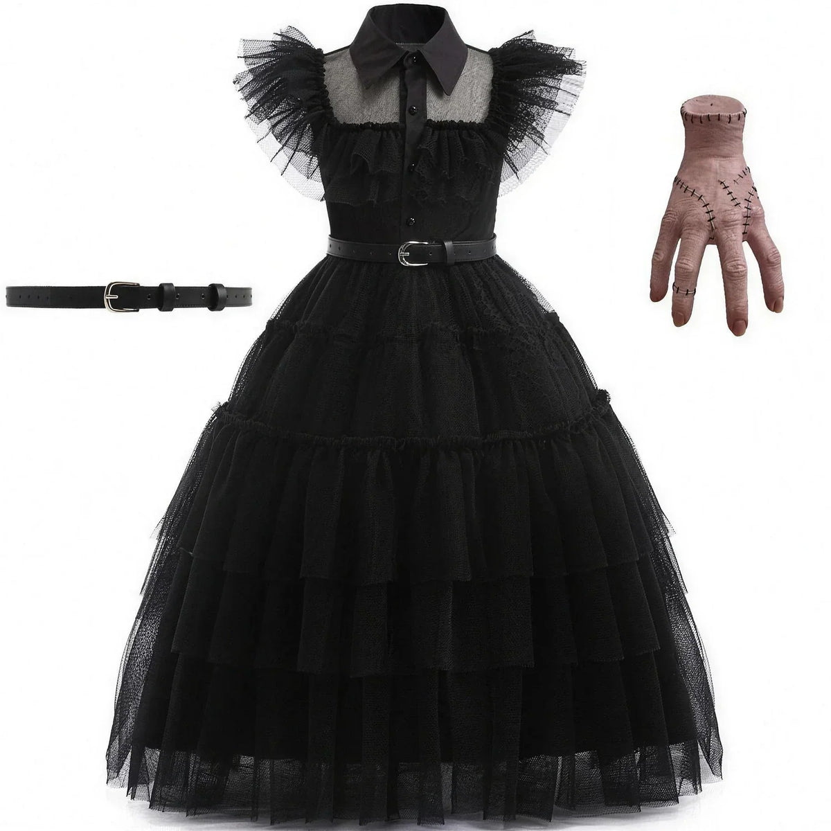 Costume Dress Black Gothic Layered Tulle White Collar
