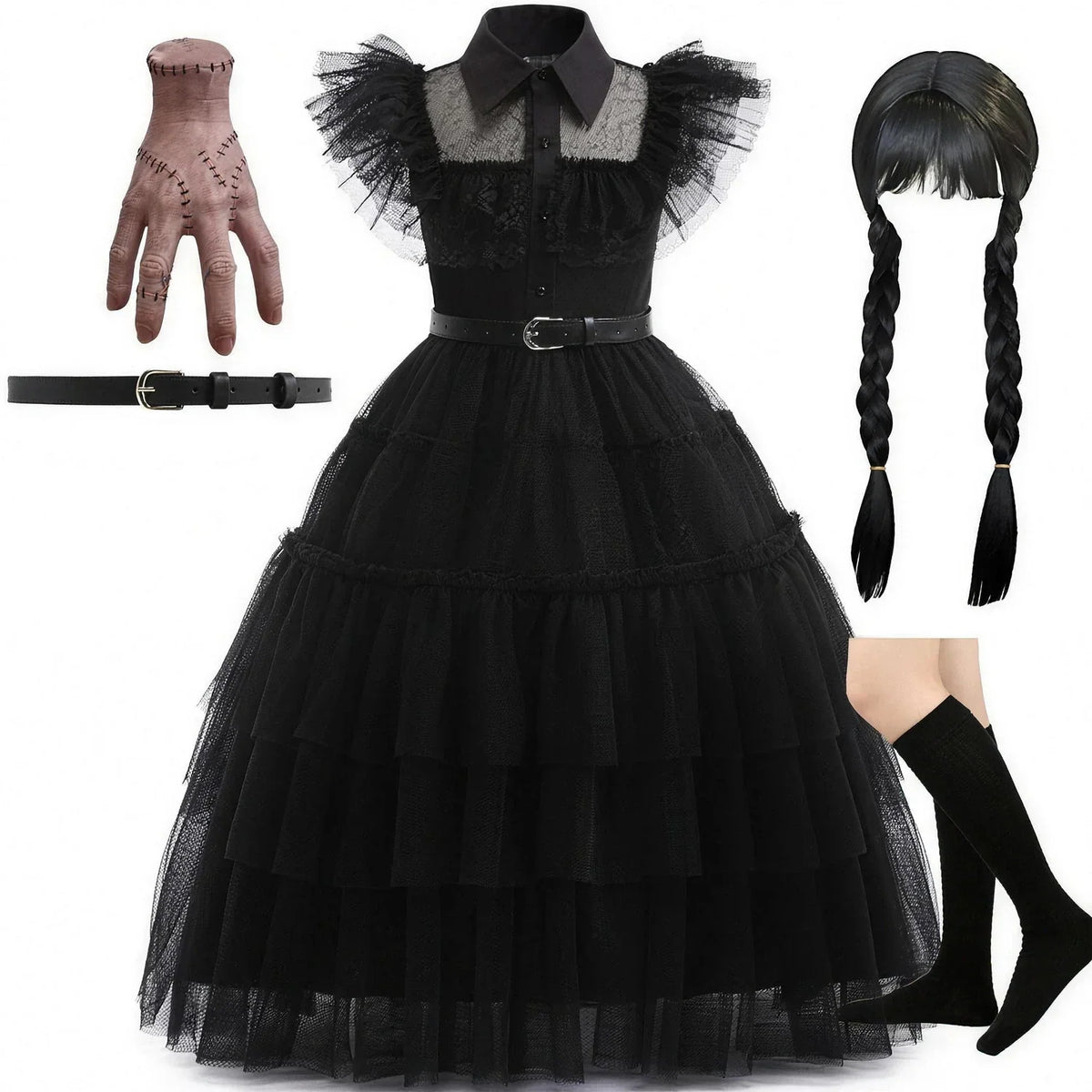 Costume Dress Black Gothic Layered Tulle White Collar