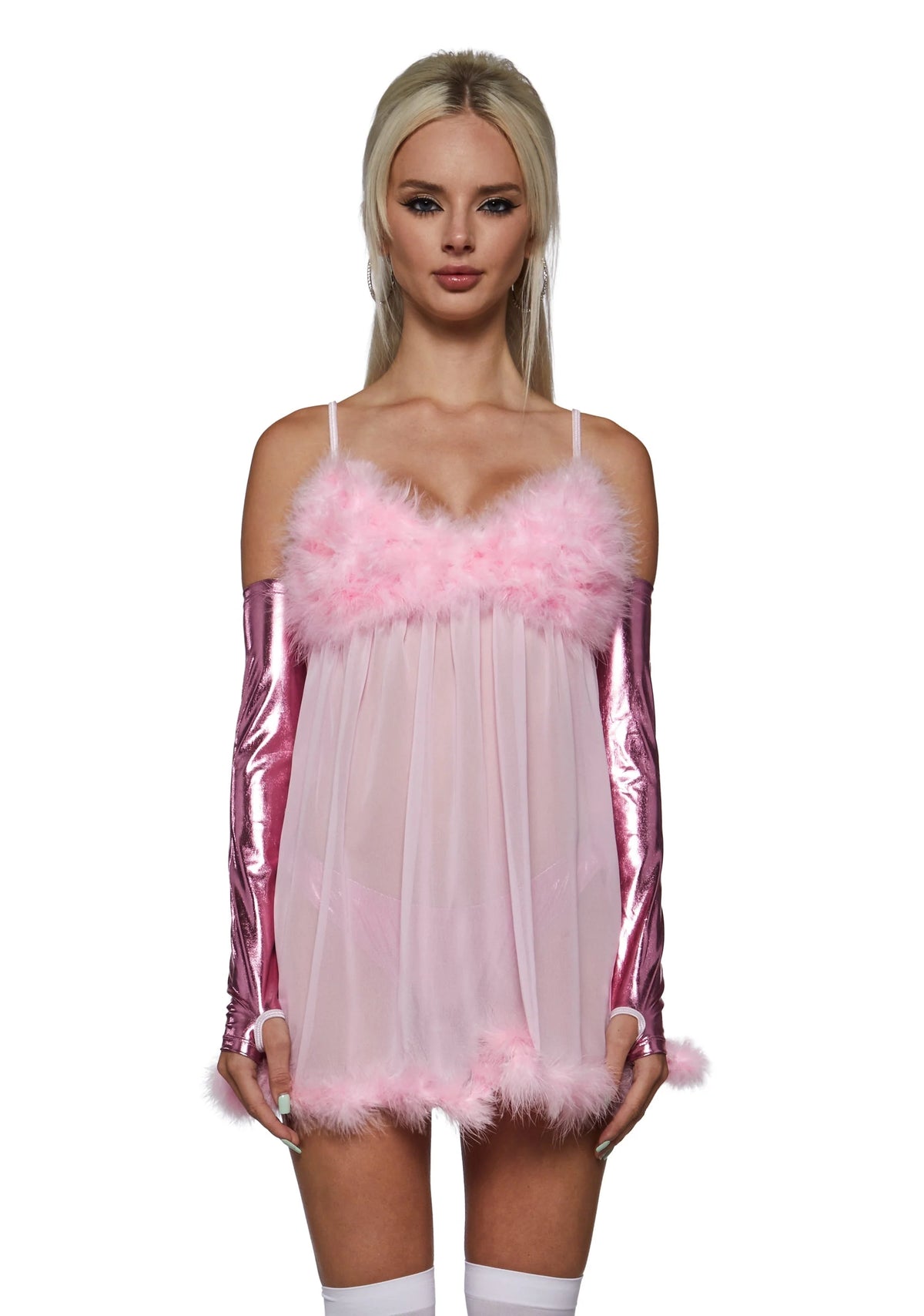 Costume Set Three-Piece Sheer Feather-Trim Nightie