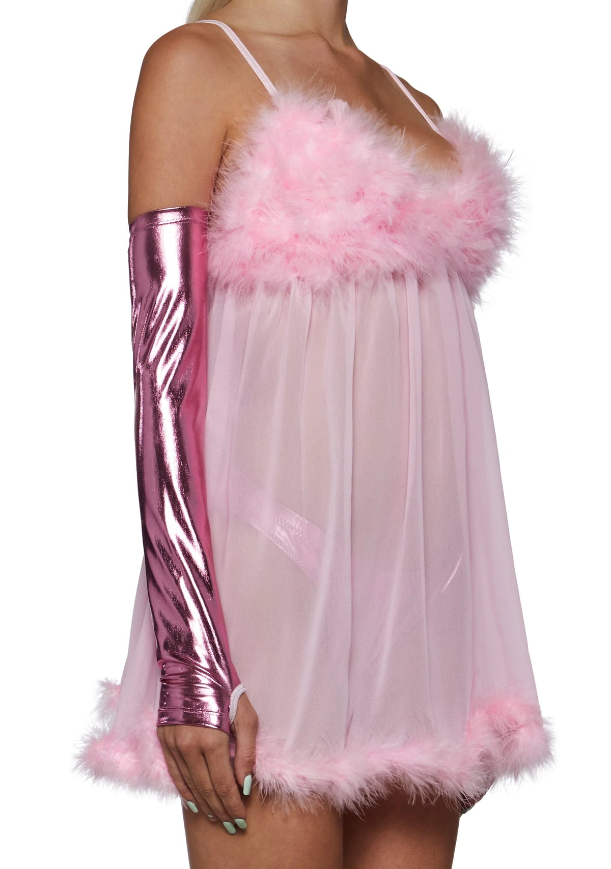 Costume Set Three-Piece Sheer Feather-Trim Nightie