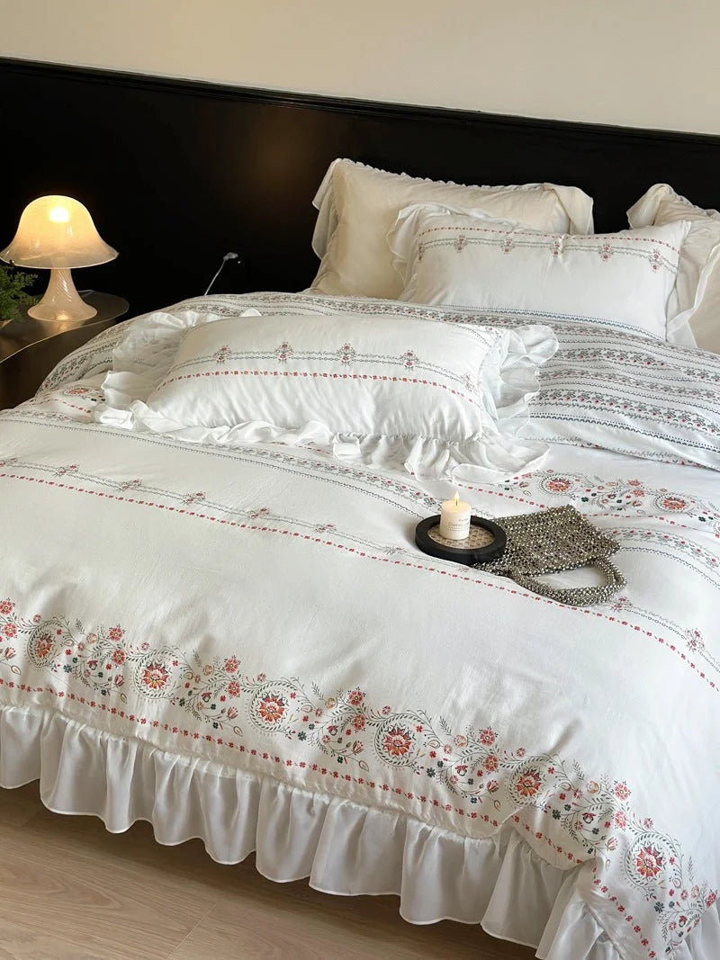 Cotton Bedding Set Floral Embroidery Ruffled Border Four-Piece Set