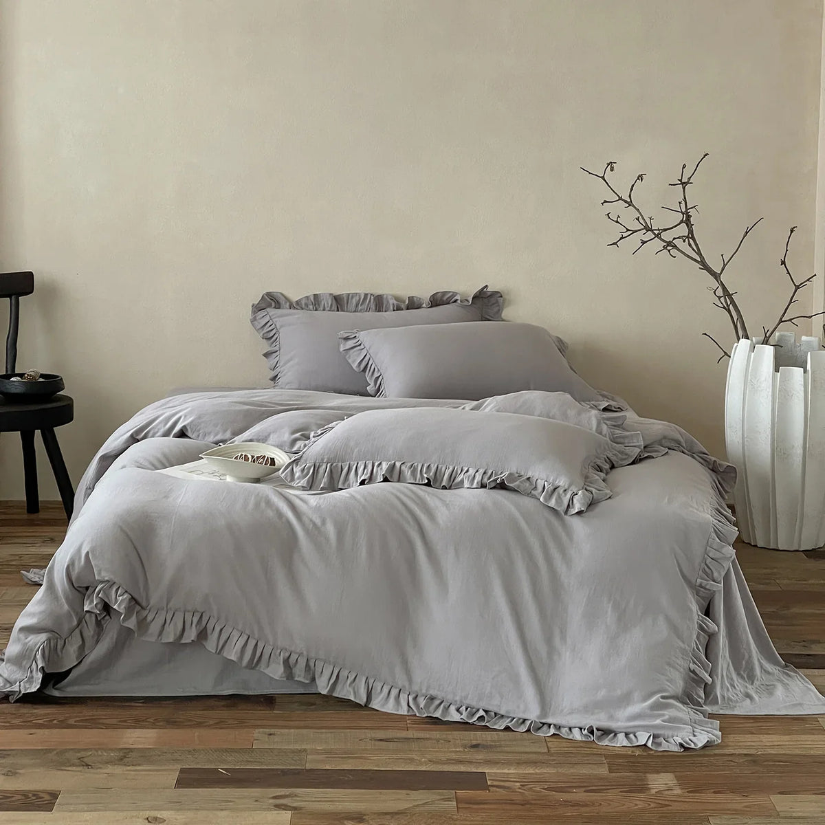 Cotton Bedding Set Percale Ruffled Duvet Cover & Pillowcases