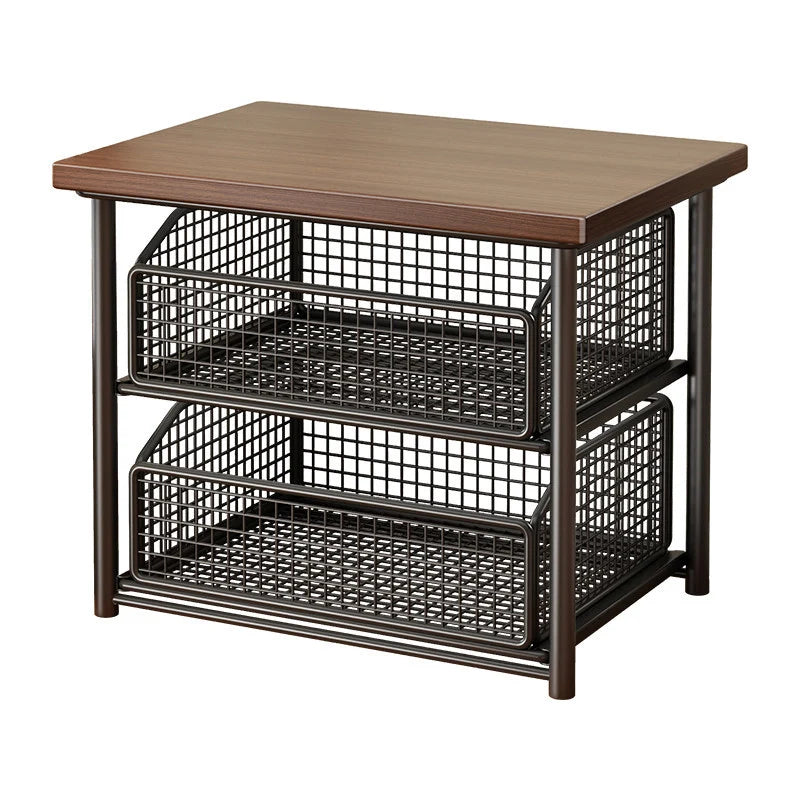 Countertop Storage Organizer Sliding Mesh Basket Wood-Look Top