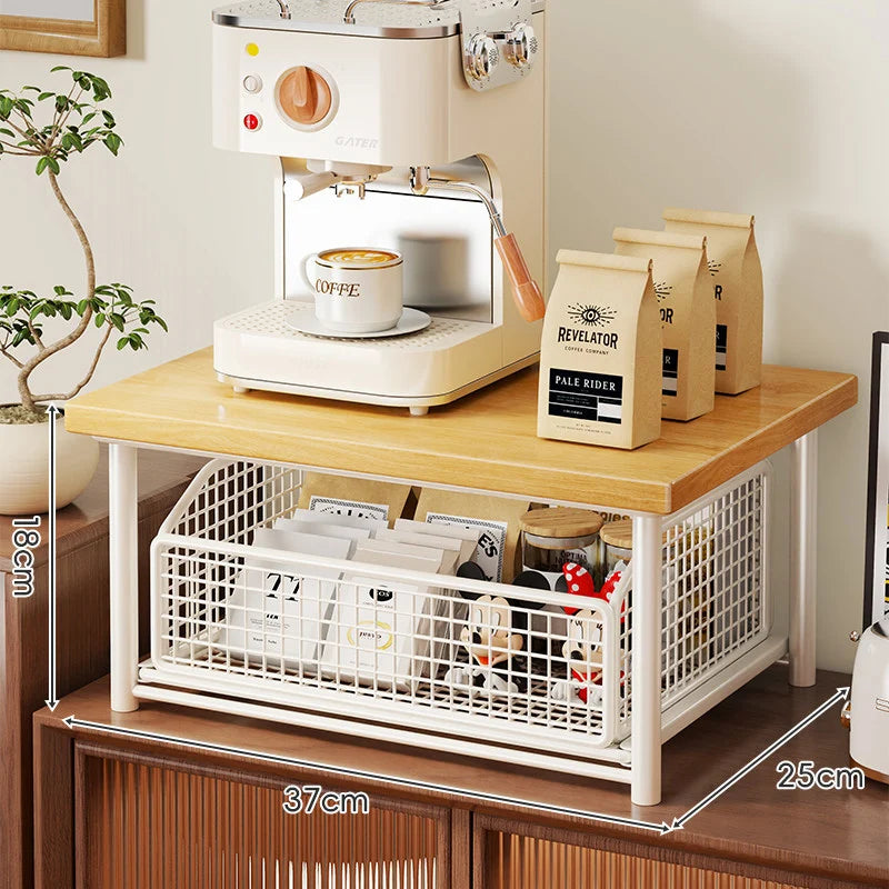 Countertop Storage Organizer Sliding Mesh Basket Wood-Look Top