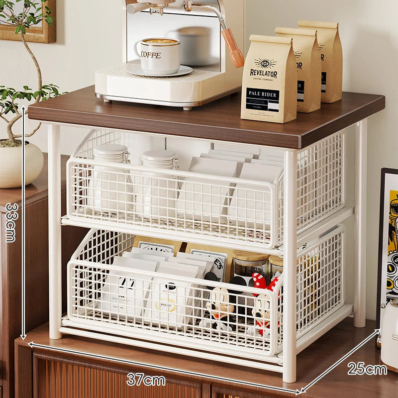 Countertop Storage Organizer Sliding Mesh Basket Wood-Look Top