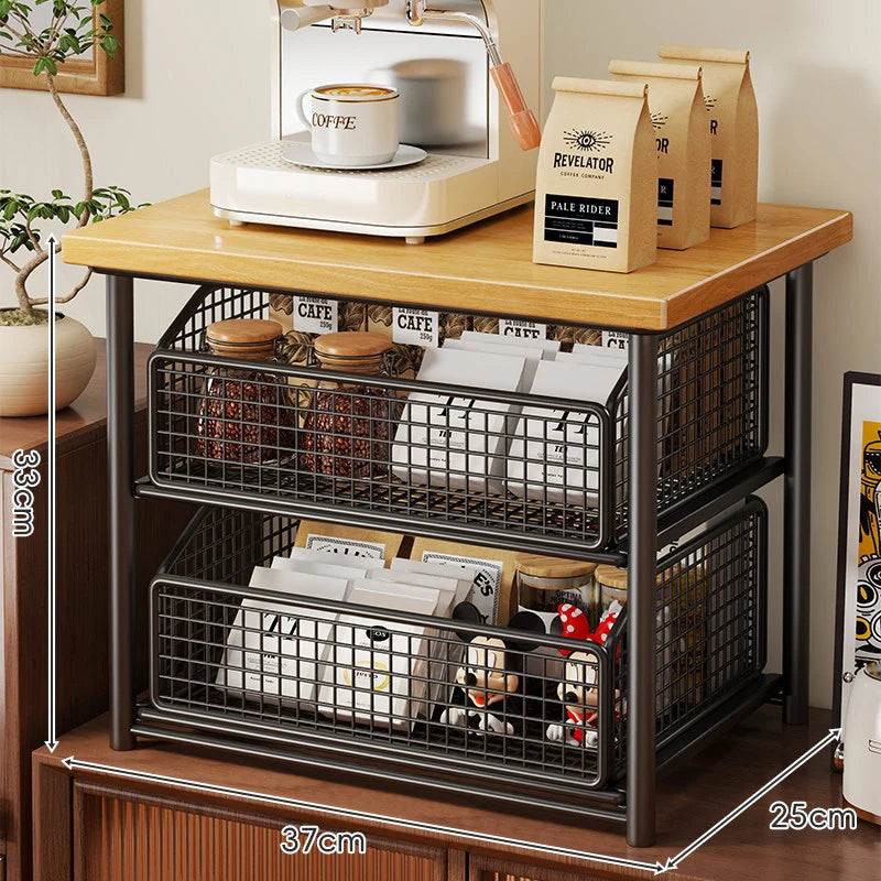 Countertop Storage Organizer Sliding Mesh Basket Wood-Look Top