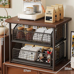 Countertop Storage Organizer Sliding Mesh Basket Wood-Look Top