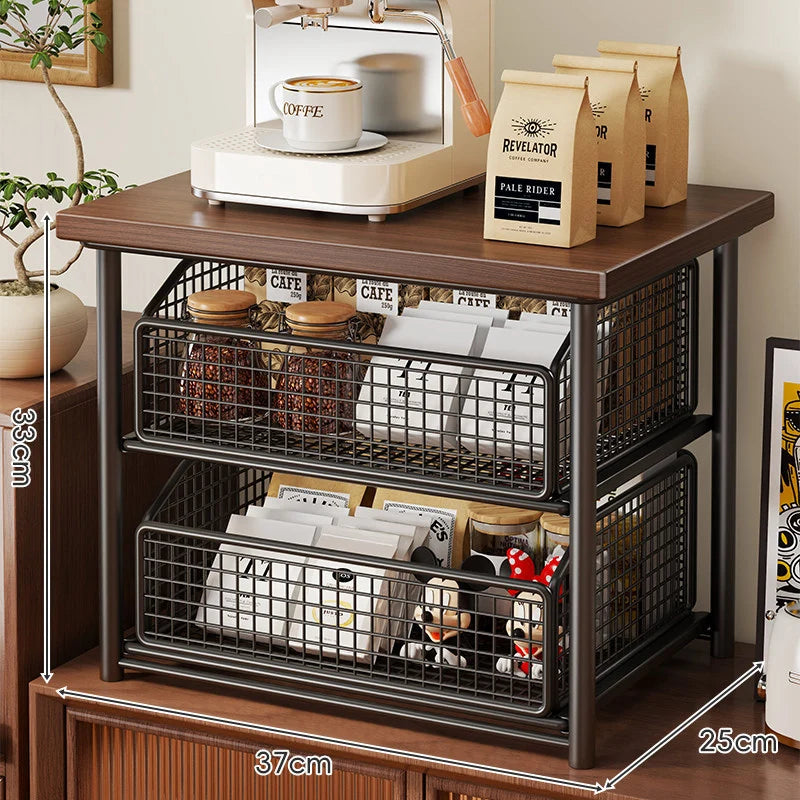 Countertop Storage Organizer Sliding Mesh Basket Wood-Look Top