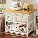 Countertop Storage Organizer Sliding Mesh Basket Wood-Look Top