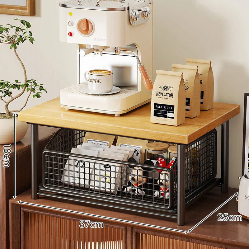 Countertop Storage Organizer Sliding Mesh Basket Wood-Look Top
