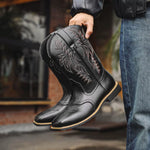 Cowboy Boots Mid-Calf Embroidered Shaft Square Toe Pull-On