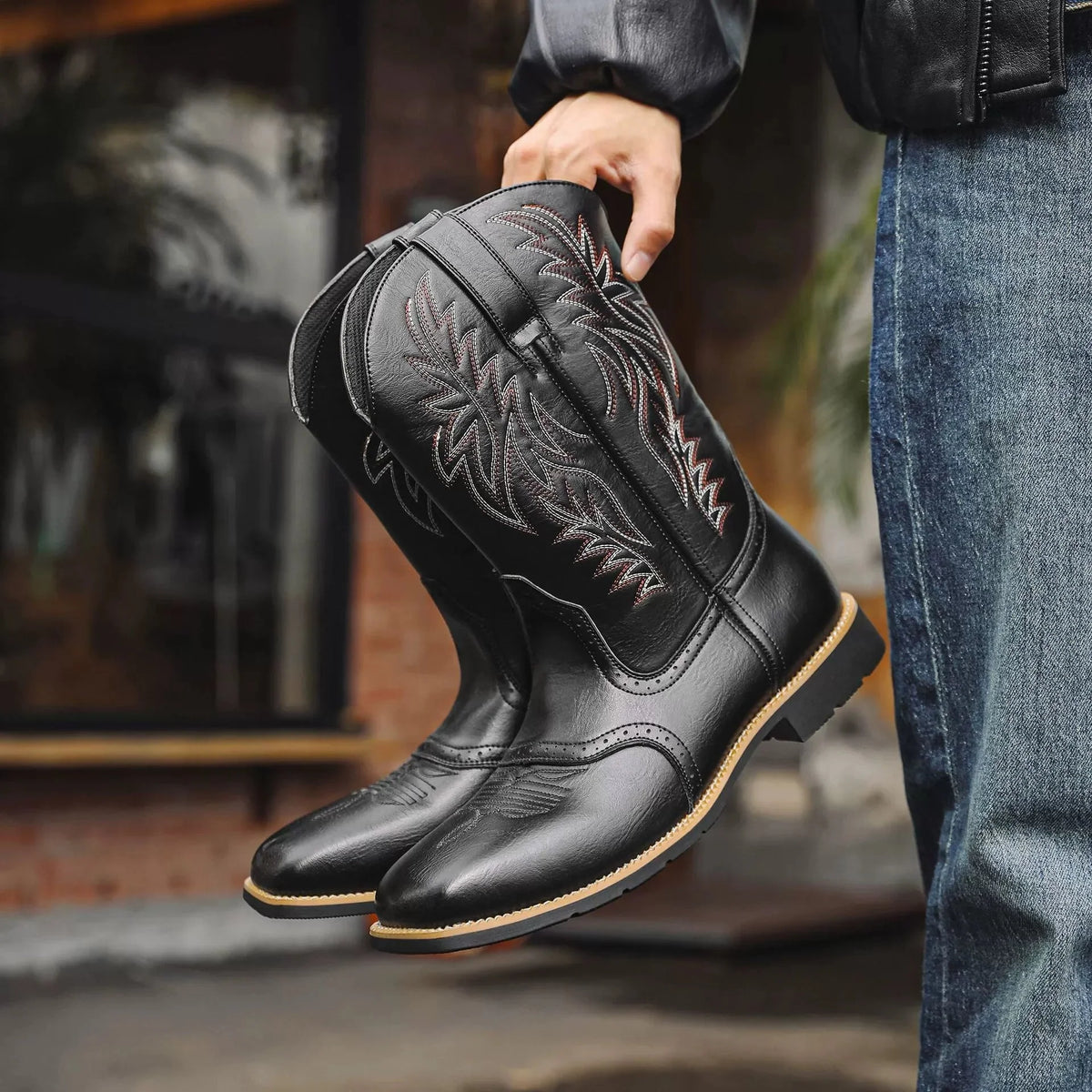 Cowboy Boots Mid-Calf Embroidered Shaft Square Toe Pull-On