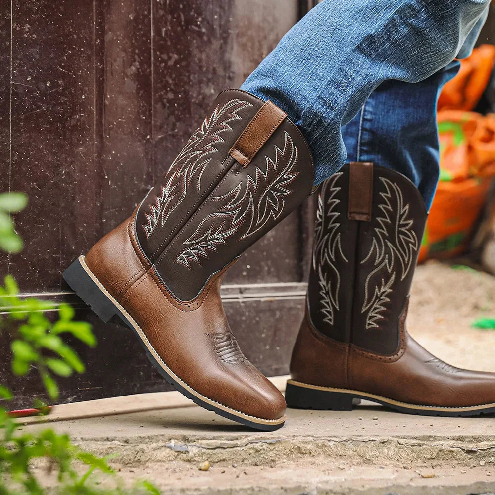 Cowboy Boots Mid-Calf Embroidered Shaft Square Toe Pull-On