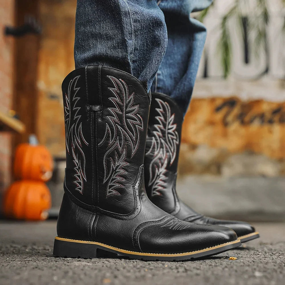 Cowboy Boots Mid-Calf Embroidered Shaft Square Toe Pull-On