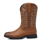 Cowboy Boots Mid-Calf Embroidered Shaft Square Toe Pull-On