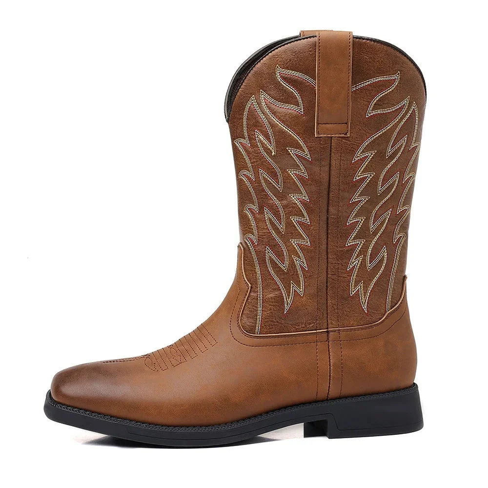 Cowboy Boots Mid-Calf Embroidered Shaft Square Toe Pull-On
