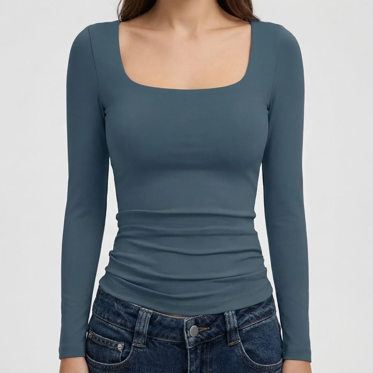 Crop Top Square Neck Long Sleeve Four-Way Stretch