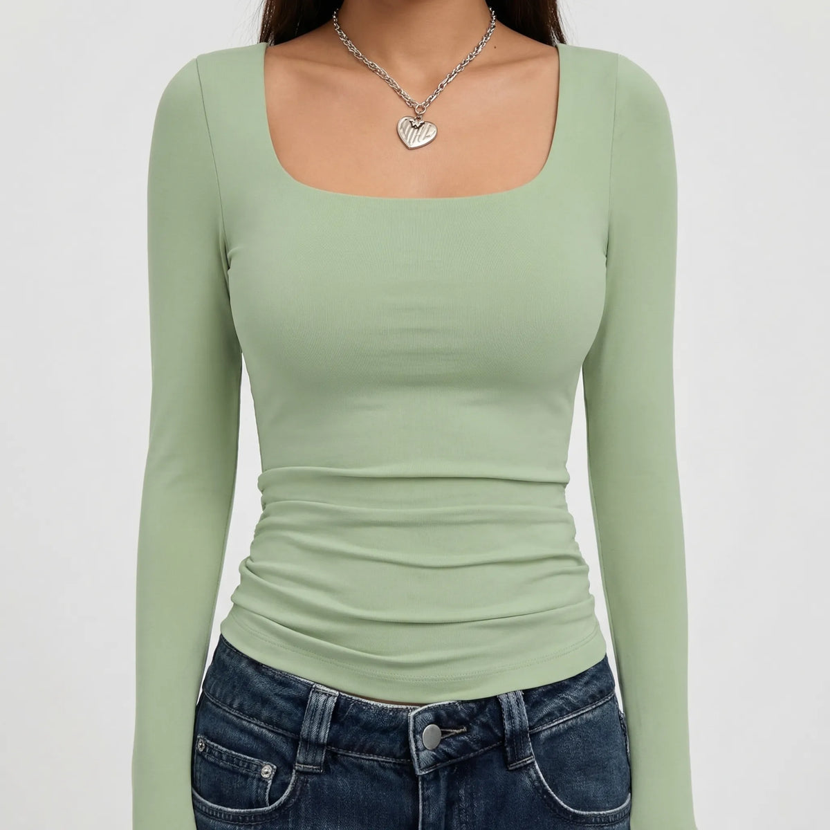 Crop Top Square Neck Long Sleeve Four-Way Stretch