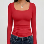 Crop Top Square Neck Long Sleeve Four-Way Stretch